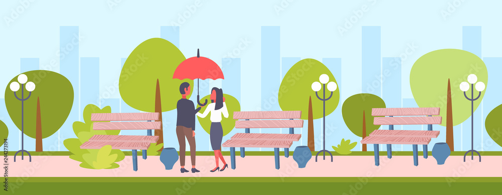 lovers couple under umbrella rear view man woman romantic walking in rain city urban park cityscape background full length male female characters flat horizontal lovers couple under umbrella rear view man woman romantic walking in rain city urban park cityscape background full length male female characters flat horizontal