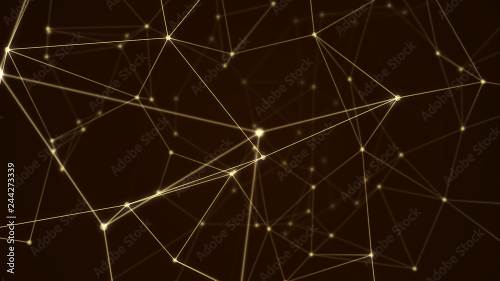 Abstract futuristic molecule structure gold color black background. Computer network connection digital technology illustration concept.