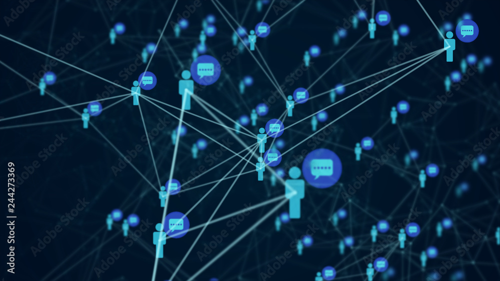 Social network connection people with molecule structure blue color black background. Abstract futuristic digital technology graphic illustration concept.