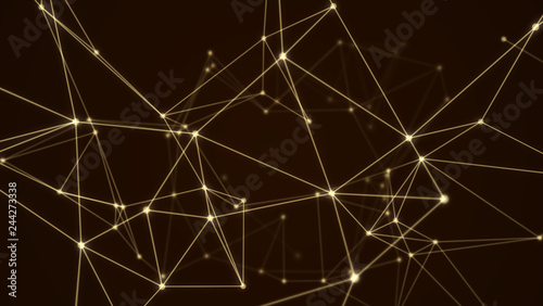 Abstract futuristic molecule structure gold color black background. Computer network connection digital technology illustration concept.