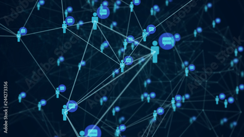 Social network connection people with molecule structure blue color black background. Abstract futuristic digital technology graphic illustration concept.