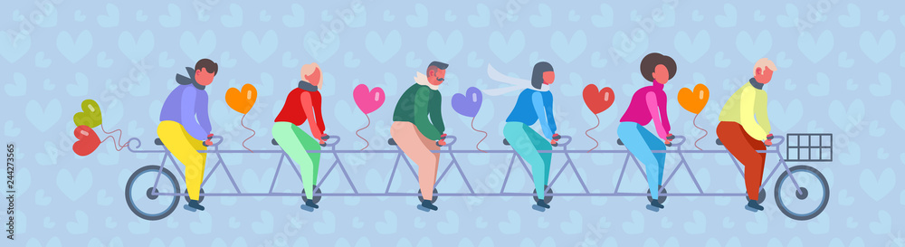 Fototapeta premium people group riding tandem bike with heart shape air balloons happy valentines day concept couples in love successful teamwork flat horizontal banner vector illustration