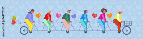people group riding tandem bike with heart shape air balloons happy valentines day concept couples in love successful teamwork flat horizontal banner vector illustration