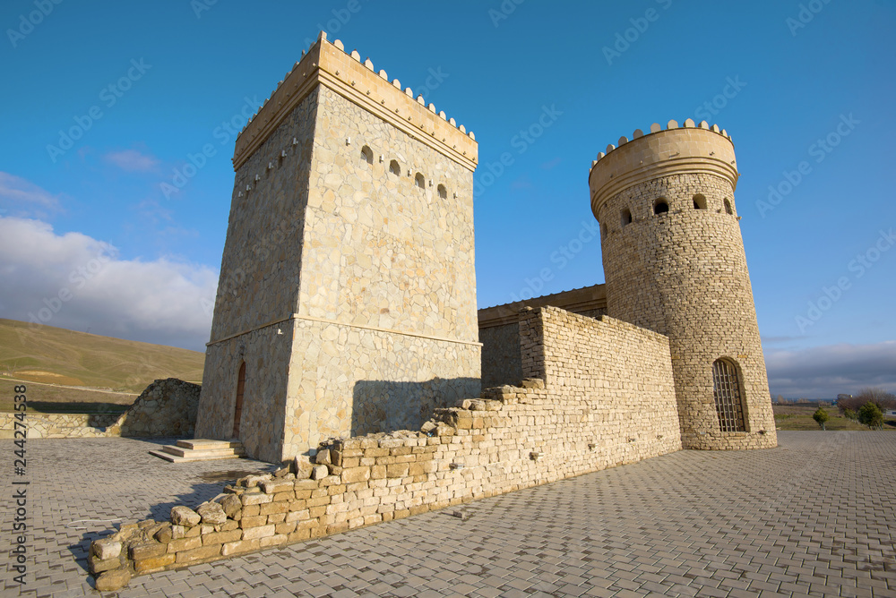 Reconstructed towers of the ancient Shemakhan fortress close up