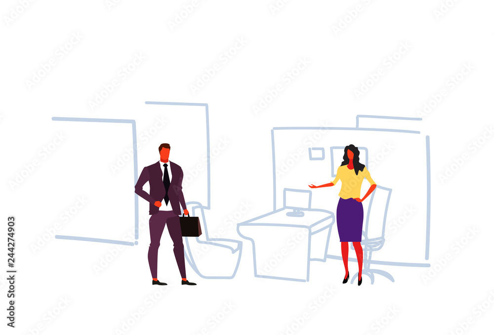 business couple meeting discussing project businessman woman coworkers modern office interior colleagues working together teamwork concept sketch doodle horizontal