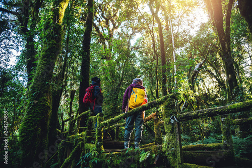 Couples traveling, relax in winter.Enjoy hiking walking travel to study nature in the rainforest. at the angka, Chiangmai