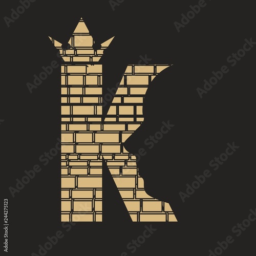 King logo. Royal luxury emblem. Face and crown icon. Business fantasy golden badge with K letter. Ancient brick wall texture