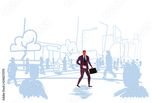 businessman walking at street out from crowd people silhouettes individuality leadership concept male full length character cityscape background sketch doodle horizontal