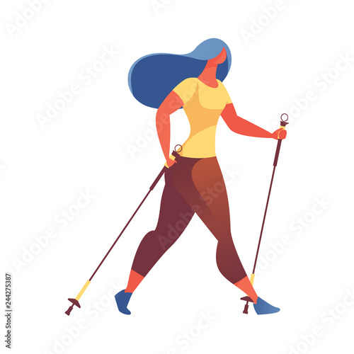 Young woman hiking with walking poles exersising nordic walking. Isolated on white healthy lifestyle illustration in contemporary flat style