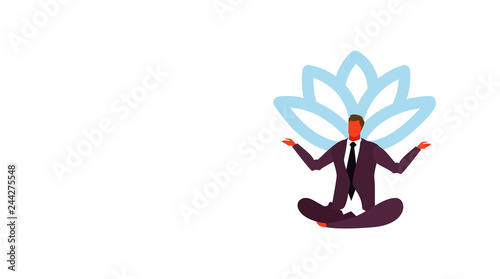 businessman meditating sitting lotus position business man in yoga pose male cartoon character full length horizontal isolated