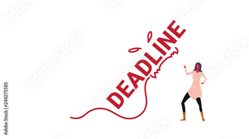 deadline word monster falling on exhausted businesswoman stress problem time management concept overworked business woman horizontal sketch doodle vector illustration
