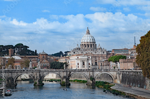 Rome, Tiber River Embankment with St. Peter's Basilica
