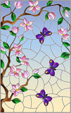 Illustration in stained glass style with cherry blossom tree and bright butterflies on blue sky background
