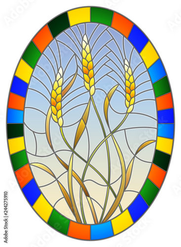 Illustration in stained glass style with spikes of cereal plants on a sky  background, oval image in bright frame 