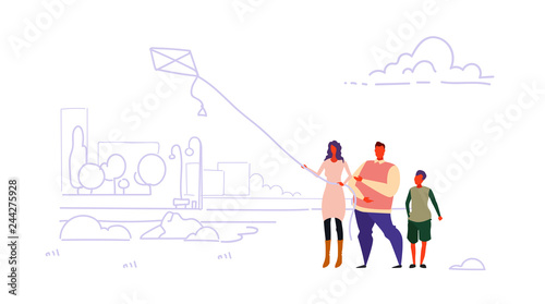 happy family launching kite city urban park landscape cityscape background parents and son playing wind toy having fun holiday relax concept sketch doodle horizontal
