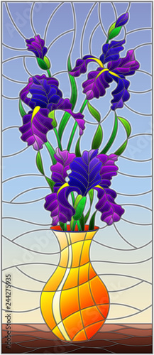 Illustration in stained glass style with floral still life,  bouquet of purple irises in a orange  vase on a blue background