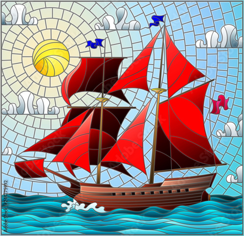 Illustration in stained glass style with an old ship sailing with red sails against the sea, sun and sky, seascape 