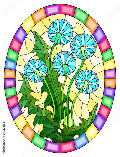 Fototapeta Naklejka Na Ścianę i Meble -  Illustration in stained glass style flower of  Taraxacums on a yellow background in a bright frame,oval  image