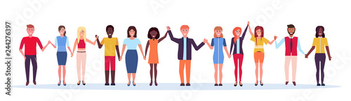 happy people group holding raised hands mix race men women standing together multiethnic friends celebration success male female cartoon characters full length flat horizontal