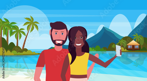 mix race couple taking selfie photo lovers on tropical beach water bungalow house landscape summer travel vacation honeymoon concept man woman in love full length horizontal flat