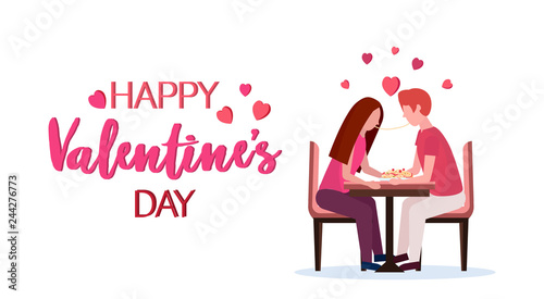 couple eating spaghetti together happy valentines day holiday dinner concept man woman enjoying food greeting card isolated horizontal flat vector illustration
