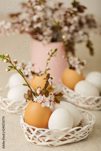Happy easter. Easter decoration - flowering branches in the shell from the eggs.