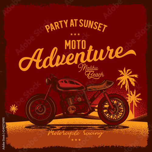 Vintage poster. Motorcycle on beach. Vector illustration. T-shirt design