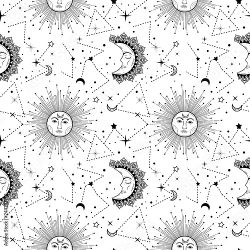 Bohemian seamless pattern with sun, moon, stars and constellation. Vintage style. Gypsy and hipster vector illustration. Astronomy and astrology symbol.