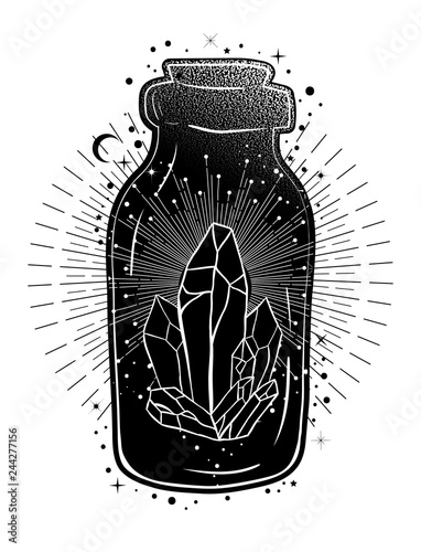 Magic potion: bottle jar with crystals inside. Tattoo art style illustration. Bohemian and gypsy motifs.