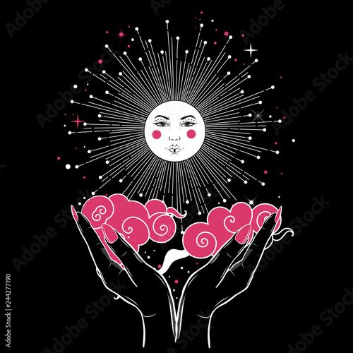 Decorative illustration with hands holding a sun and clouds in boho style. Astrology and astronomy concept.