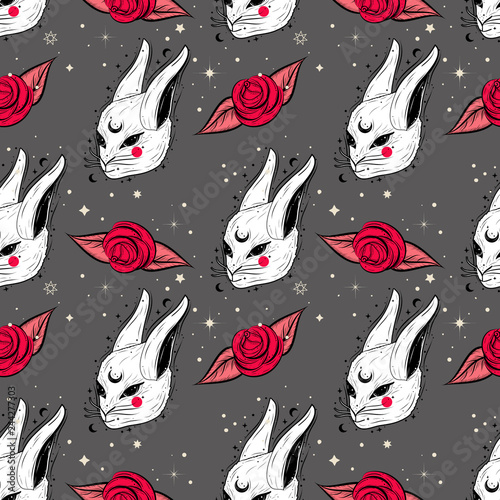 Cute pattern in wonderland motifs with white rabbit and roses.