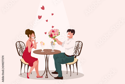 man giving woman flowers bouquet happy valentines day holiday concept man woman sitting at table in cafe eating sweet ice cream isolated horizontal flat vector illustration