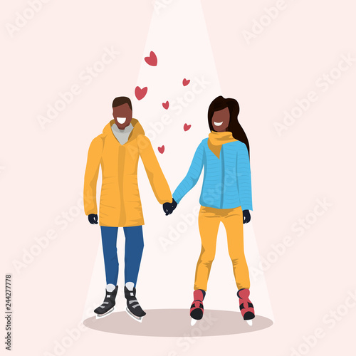 couple skating ice rink happy valentines day concept african american man woman wearing winter clothes holding hands female male cartoon characters full length flat