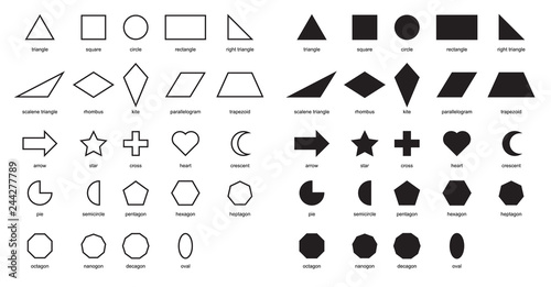 2D Shapes Educational Chart Poster. Shapes Basic Chart. printable learning material for kids . black and white printables game. Shapes For Kids illustration