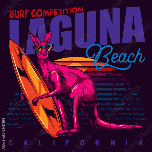 Original vector illustration in the style of surfing. Kangaroo wearing glasses and with a surfboard on the beach, sunset and palm trees in neon style