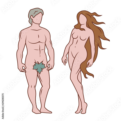 Adam and Eve flat vector illustration. Male and female body set. Antique legendary greek powerful gods of love.
