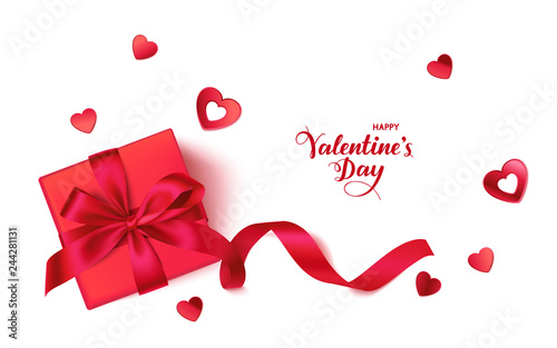 Happy Valentine's day. Romantic design template with red gift box and heart confetti isolated on white background with greeting text. Vector illustration