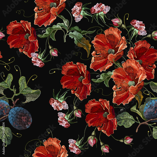 Fototapeta Naklejka Na Ścianę i Meble -  Classical embroidery grapes and red poppies flowers seeamless pattern. Spring template fashionable clothes, t-shirt design tapestry