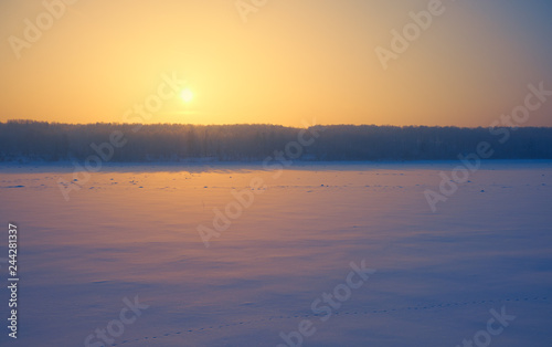 Sun over siberian forest and river Tom under the snow and ice at evening sunset time in winter © Serg Zastavkin