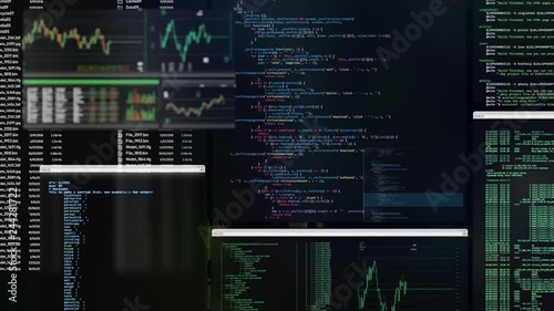 Futuristic control panel with ruung applications, moving code listings, commands, updating financial data tabs. Flowing windows with blinking commands and code.