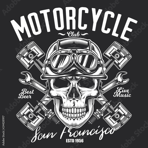 Monochrome vector illustration in vintage style. Skull in a helmet on the background of wrenches and pistons. Design of t-shirt, poster, emblem