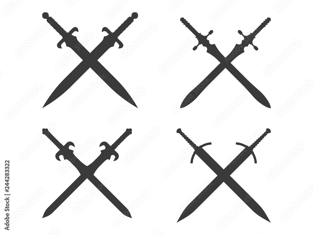 Crossed knight swords isolated on white background. Swords silhouettes. Vector illustration