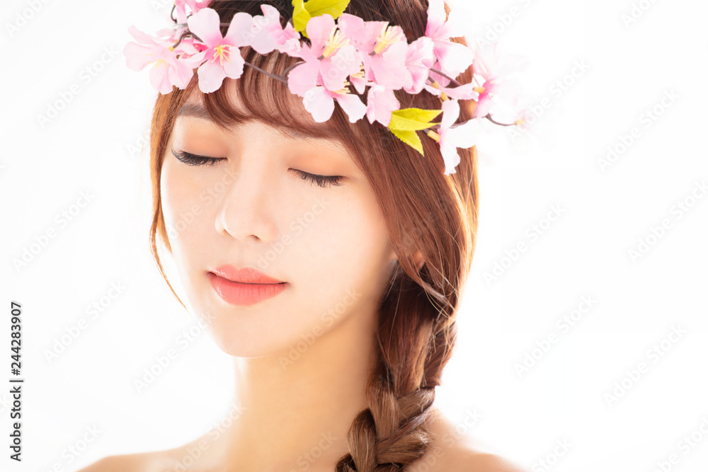closeup young smiling beauty face with flower closeup young smiling beauty face with flower
