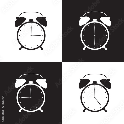 Vintage alarm clock. Black ahd white vector illustration
