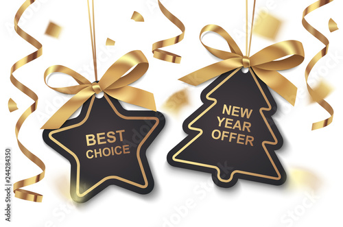 Set of New Year or Christmas Sale black tags with golden ribbon and bow on white background. Vector illustration. Holiday decoration