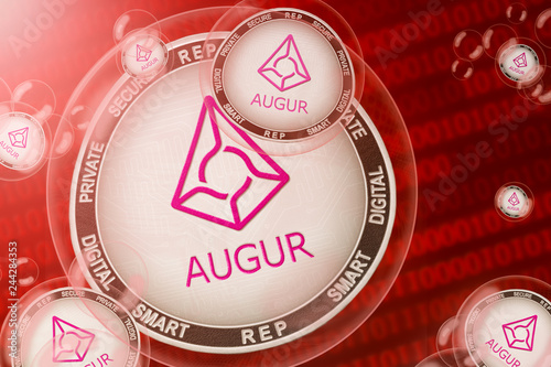 Augur crash; Augur (REP) coins in a bubbles on the binary code background. Close-up.
