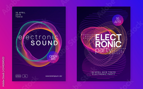 Neon flyer. Minimal discotheque magazine set. Dynamic gradient shape and line. Neon flyer trance event. Techno dj party. Electro dance music. Electronic sound. Club fest poster. 