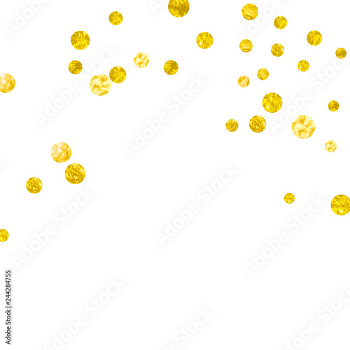Wedding glitter confetti with dots on isolated backdrop. Falling sequins with shimmer and sparkles. Design with gold wedding glitter for party invitation, event banner, flyer, birthday card.