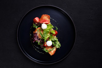 healthy snack, toast for breakfast or lunch with rye bread, grilled chicken and vegetables. traditional danish open sandwich smorrebrod. whole food and diet, clean eating concept.