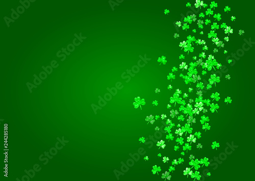 St patricks day background with shamrock. Lucky trefoil confetti. Glitter frame of clover leaves. Template for party invite, retail offer and ad. Irish st patricks day backdrop